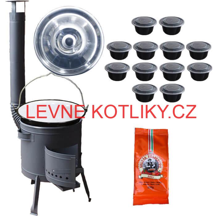 Smaltovaný kotlík 20 L (1,2 mm) + poklice + misky 12 ks + nízká žáruvzdorná kotlina (0,8 mm) 42 PLUS 600