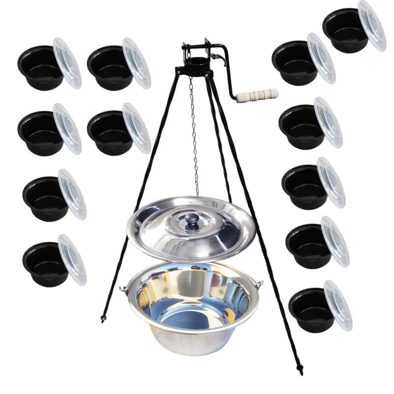 Nerezový kotlík 20 L (0,8 mm) INOX + stojan s kladkou VAR + misky 12 ks