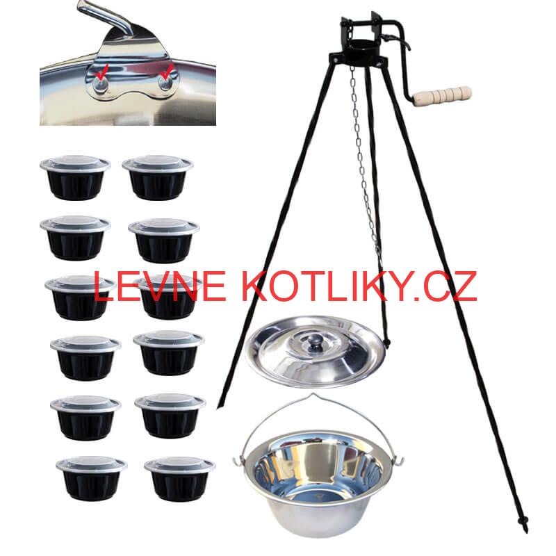 Nerezový kotlík 15 L (0,8 mm) s nýty + stojan s kladkou VAR + misky 12 ks