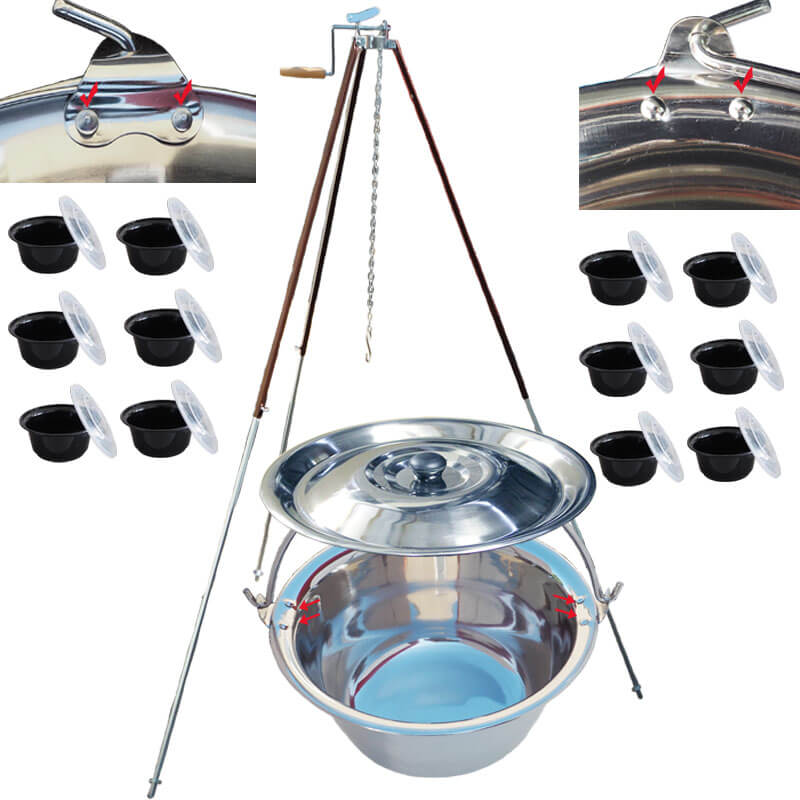 Nerezový kotlík 30 L (0,8 mm) s nýty + teleskopická trojnožka s pojistnou kladkou + misky 12 ks