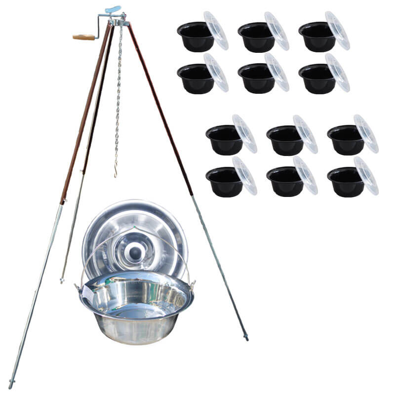 Nerezový kotlík 30 L (1,2 mm) + teleskopická trojnožka s pojistnou kladkou + misky 12 ks