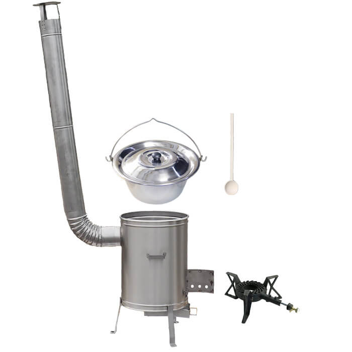Nerezový kotlík 14 L (0,8 mm) + nerezová kotlina 36 cm + litinový hořák 7 kW, vařečka LUX