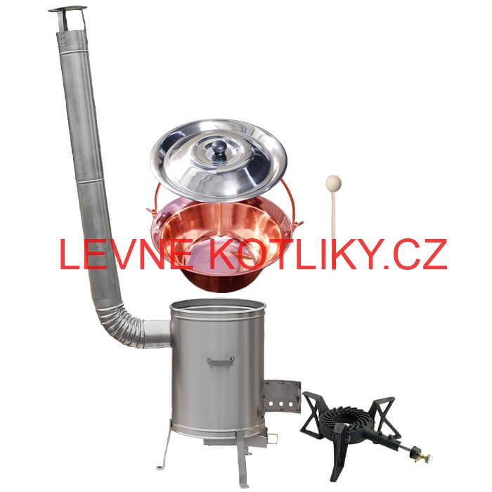 Měděný kotlík 14 L (1,2 mm) + nerezová kotlina 36 cm + litinový hořák 7 kW, vařečka LUX
