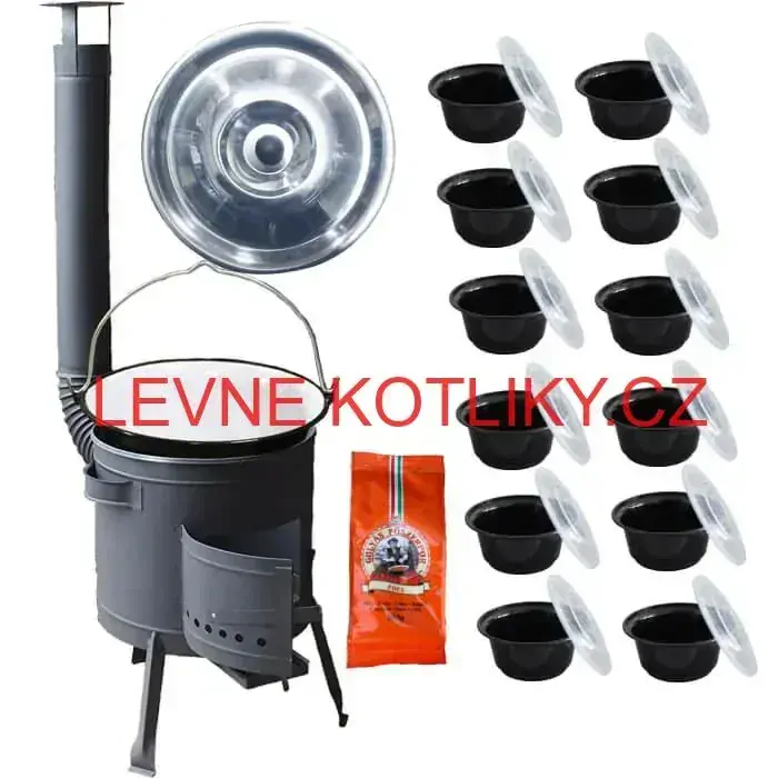 Smaltovaný kotlík 22 L (1,2 mm) + silnostěnná (1,5 mm) žáruvzdorná kotlina BALKY STRONG 42 PLUS 600 + plastové boxy (misky) 10 ks
