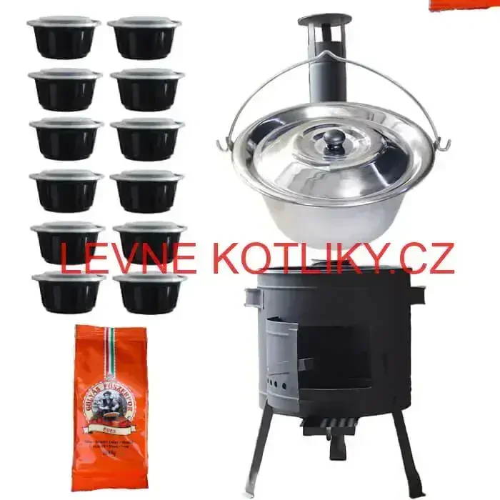 Nerezový kotlík 22 L (0,8 mm) INOX + silnostěnná (1,5 mm) žáruvzdorná kotlina BALKY STRONG 42 PLUS 600 + misky 12 ks + paprikové koření na guláš 100 g