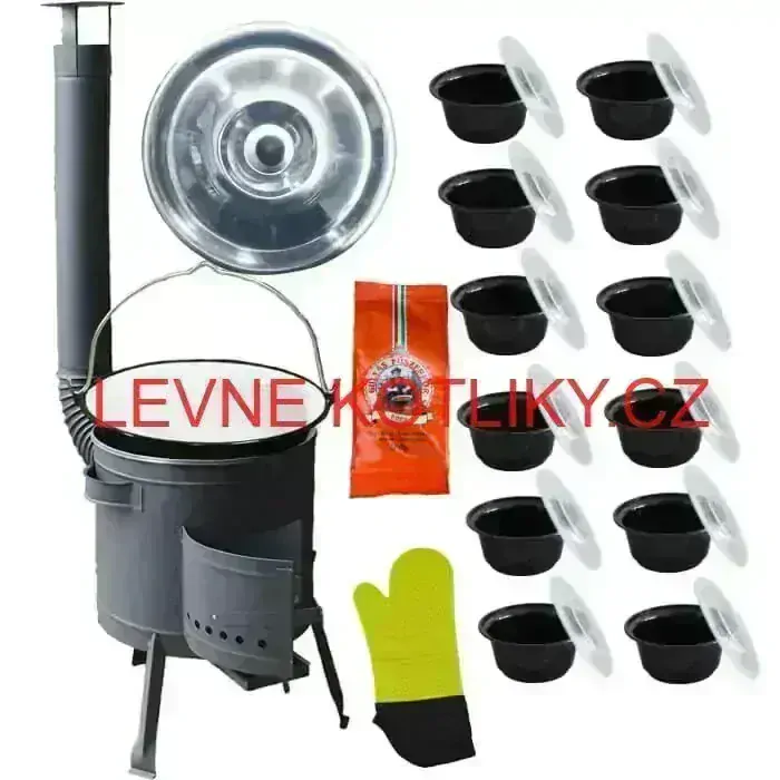 Smaltovaný kotlík 22 L (1,2 mm) + misky 12 ks + nízká žáruvzdorná kotlina (0,8 mm) 42 PLUS 600