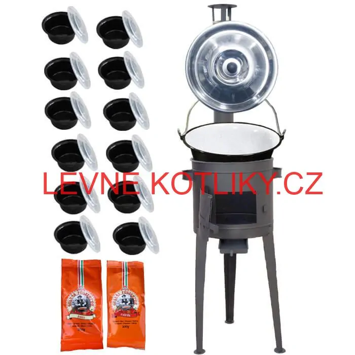 Smaltovaný kotlík 22 L (1,2 mm) + vysoká žáruvzdorná kotlina (2,0 mm) HODO 42 cm PLUS 600 + misky 12 ks + 2 x pepř na guláš 100 g