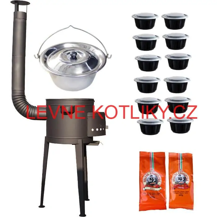 Nerezový kotlík 22 L (0,8 mm) INOX + vysoká žáruvzdorná kotlina (1,5 mm) HODO 42 cm PLUS 600 + misky 12 ks + 2 x pepř na guláš 100 g