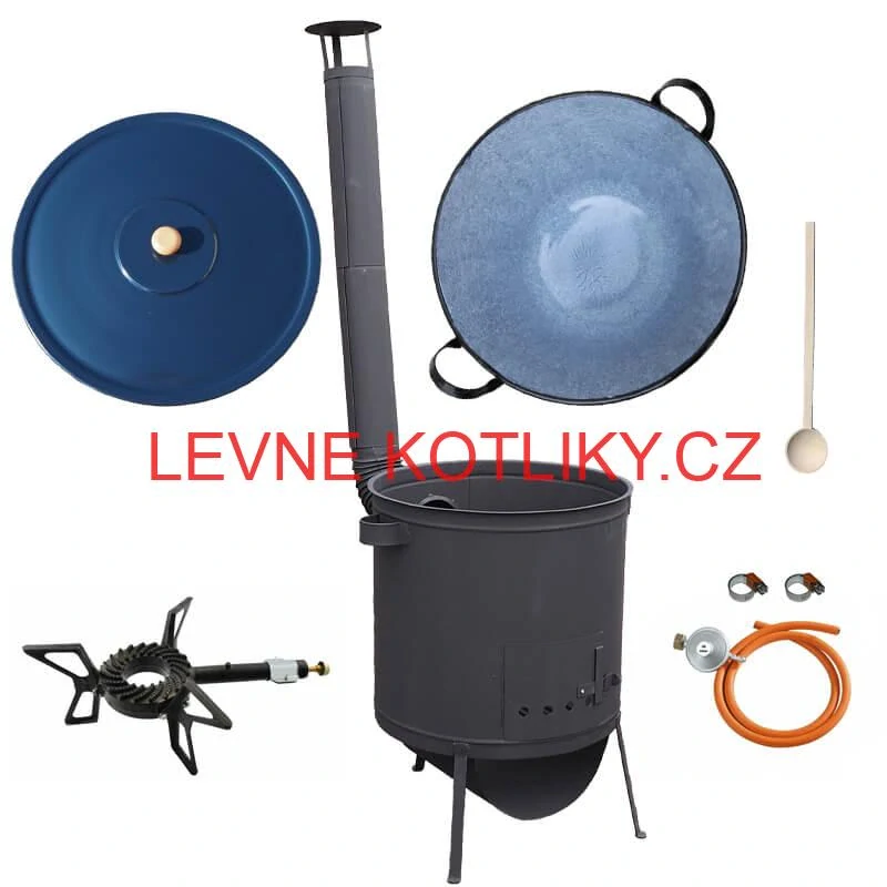 Smaltovaný kotel 70 L na zabijačku + žáruvzdorná kotlina 53 PLUS 600 4 MM + hořák 7,5 kW + vařečka