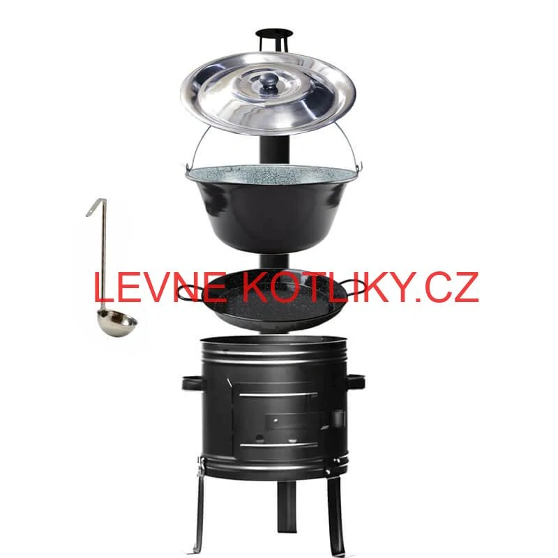 Smaltovaný kotlík 25 L + kovová kotlina + smaltovaná pánev 46 cm Paella