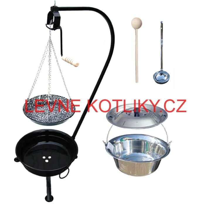 Nerezový kotlík 10 L (1,2 mm) INOX + smaltovaná pánev + ohniště se stojanem as pojistnou kladkou VAR