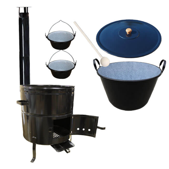 Zabijačkový smaltovaný kotel 100 L + kovová kotlina 58 cm + 2 servírovací kotlíky  a kouřovod