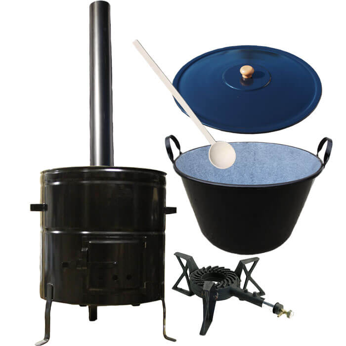 Zabijačkový smaltovaný kotel 50 L + kovová kotlina 50 cm + hořák 7 kW + kouřovod