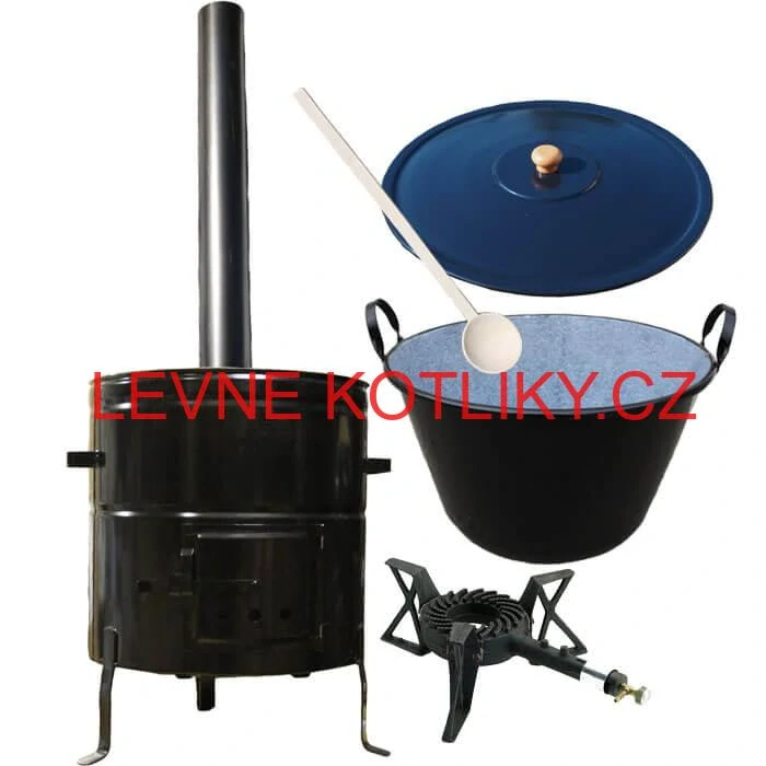 Zabijačkový smaltovaný kotel 70 L + kovová kotlina 56 cm + hořák 7 kW + kouřovod