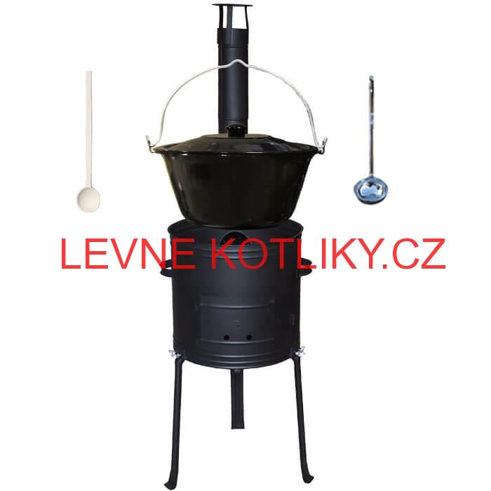 Smaltovaný kotlík 25 L (1,2 mm) + kovová kotlina s vysokými nožičkami 42 cm + vařečka a naběračka