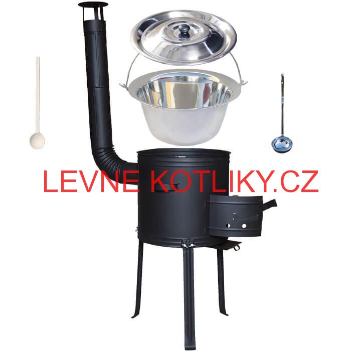 Nerezový kotlík 20 L (1,2 mm) + kovová kotlina s vysokými nožičkami 42 cm, žáruvzdorná barva Plus 700 + vařečka a naběračka