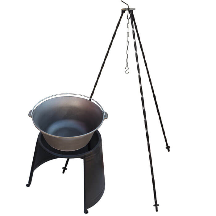 Litinový kotlík 7,2 L + chránič plamene 32 cm + trojnožka 1,2 m