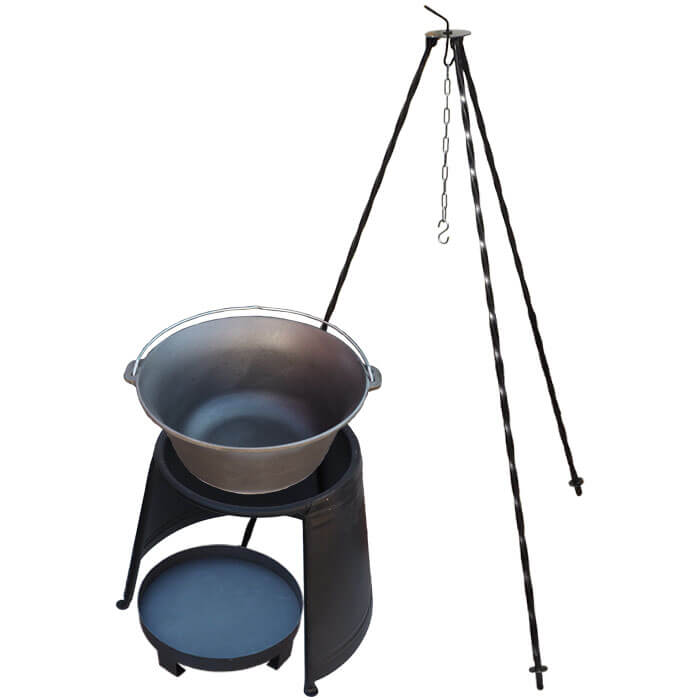 Litinový kotlík 10,8 L + chránič plamene 37 cm + ohniště 36 cm + trojnožka 1,2 m