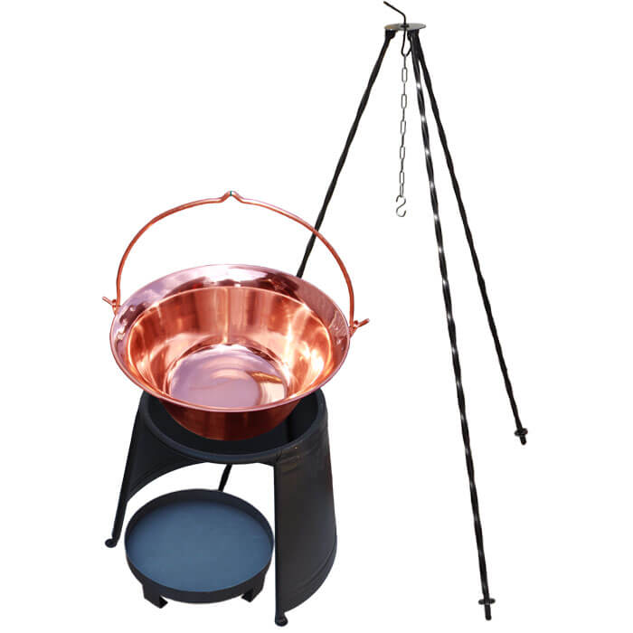 Měděný kotlík 4 L (1,2 mm) + chránič plamene 32 cm + ohniště 36 cm + trojnožka 1 m