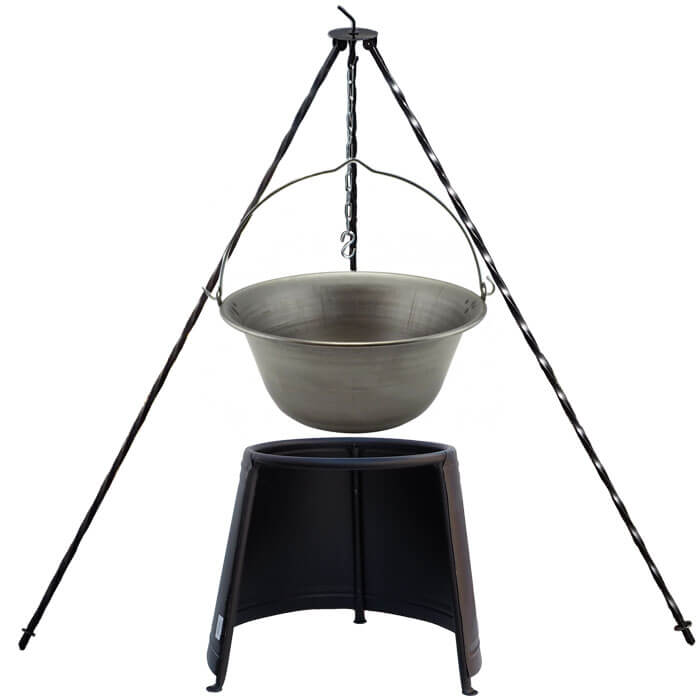 Železný kotlík 14 L (0,75 mm) + chránič plamene 37 cm + trojnožka 1,2 m