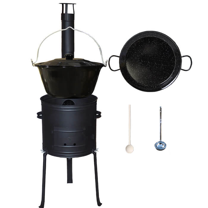 Smaltovaný kotlík 20 L + Paella pánev 46 cm + kovová kotlina s vysokými nožičkami 42 cm, žáruvzdorná barva Plus 700