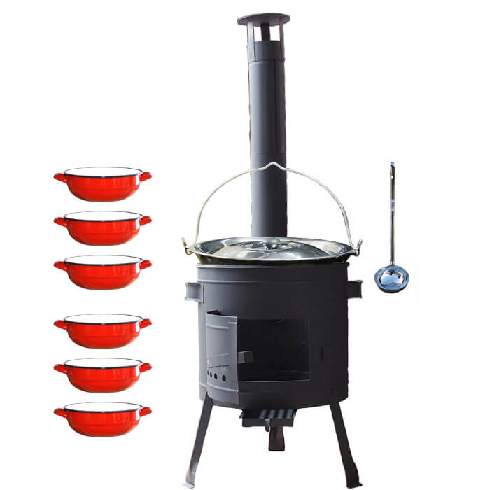 Smaltovaný kotlík 25 L + selské misky 6 ks + nízká žáruvzdorná kotlina 42 cm PLUS 600