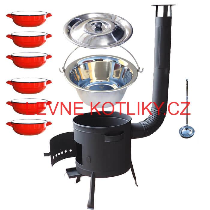 Nerezový kotlík 22 L (0,8 mm) INOX + selské misky 6 ks + nízká žáruvzdorná kotlina 42 cm PLUS 600
