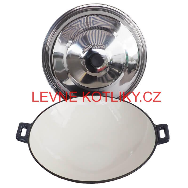 Litinový wok – smaltovaný povrch 37 cm + nerezová poklice