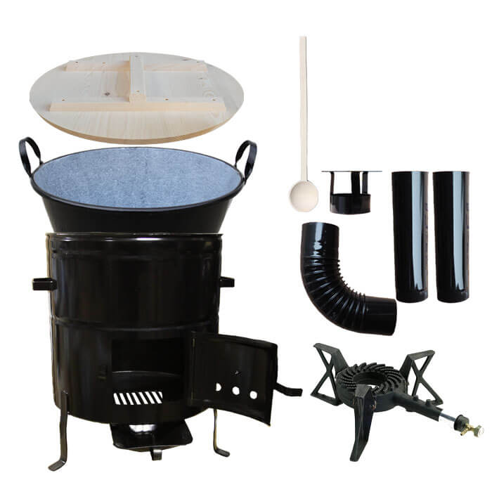 Zabijačkový smaltovaný kotel 100 L + kovová kotlina 60 cm + hořák 7 kW a  kouřovod