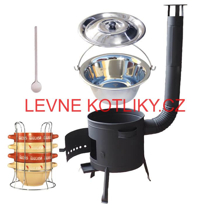 Nerezový kotlík 22 L (0,8 mm) INOX + misky na guláš 4 ks + nízká žáruvzdorná kotlina 42 PLUS 600