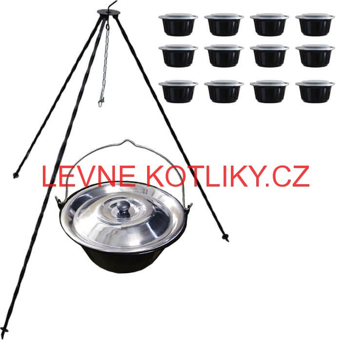 Smaltovaný kotlík 13 L (1,2 mm) + nerezová poklice + trojnožka 1,20 m + misky 12 ks
