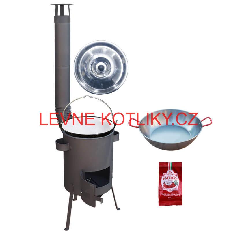 Smaltovaný kotlík 22 L + Pánev PAELLA (WOK) 45 cm + sladká paprika 50 g + žáruvzdorná kotlina 42 PLUS 600 s roštem na popel 4 mm