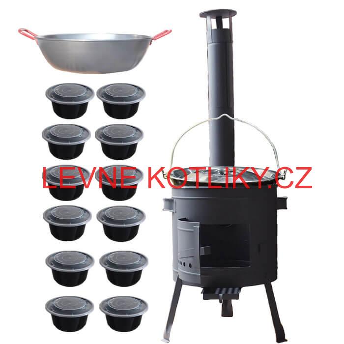 Smaltovaný kotlík 22 L + Pánev PAELLA (WOK) 45 cm + misky 12 ks + nízká kotlina 42 PLUS 600