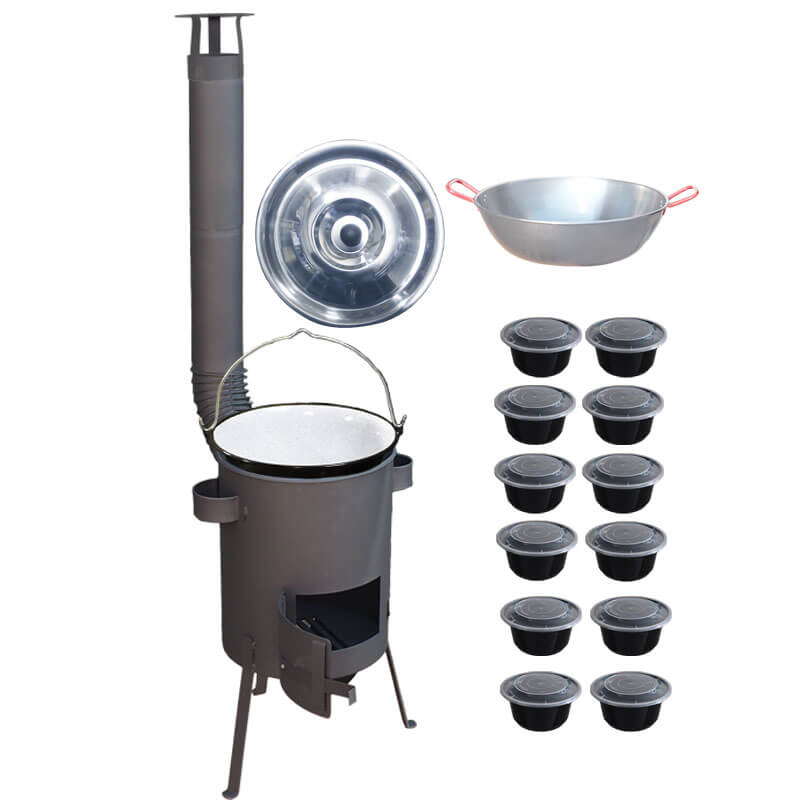 Smaltovaný kotlík 22 L + Pánev PAELLA (WOK) 45 cm + misky 12 ks + žáruvzdorná kotlina 42 PLUS 600 s roštem na popel 4 mm