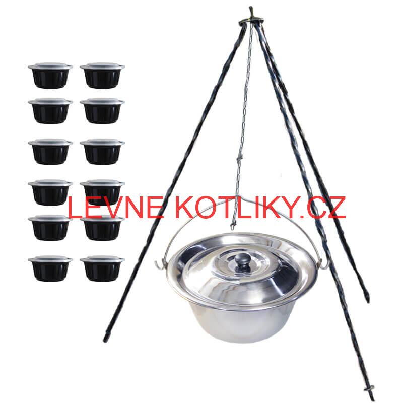 Nerezový kotlík 10 L (0,8 mm) INOX + poklice + trojnožka 1,20 m + misky 12 ks