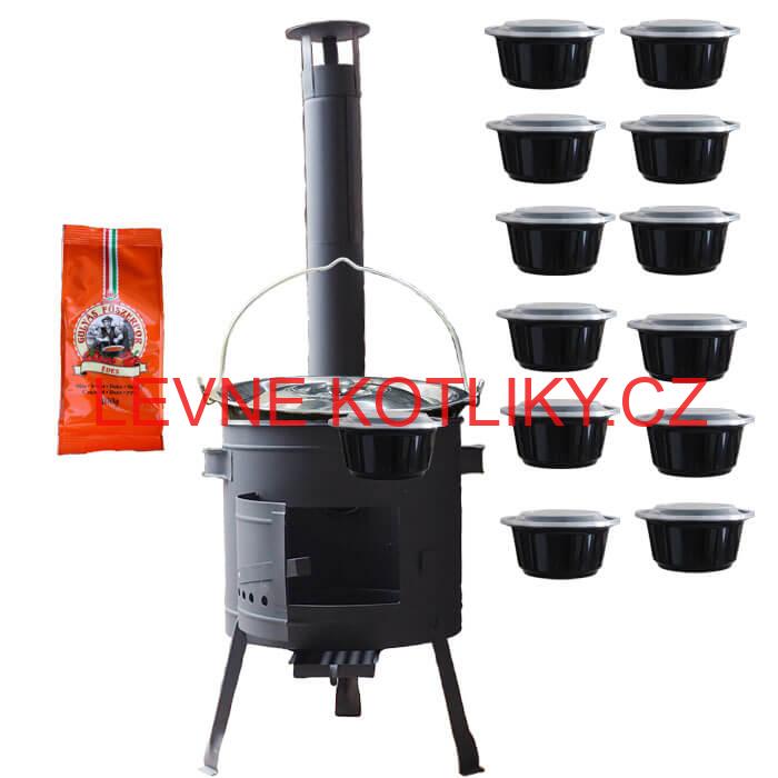 Smaltovaný kotlík 20 L (1,2 mm) + poklice + misky 12 ks + nízká žáruvzdorná kotlina (0,8 mm) 42 PLUS 600