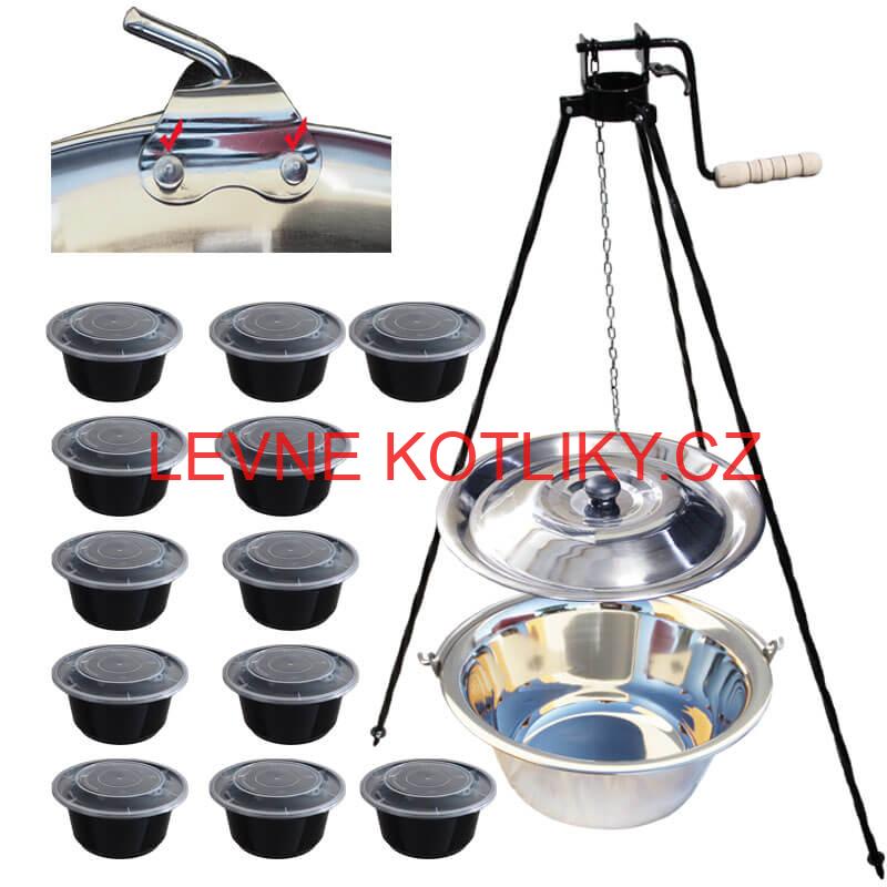 Nerezový kotlík 15 L (0,8 mm) s nýty + stojan s kladkou VAR + misky 12 ks