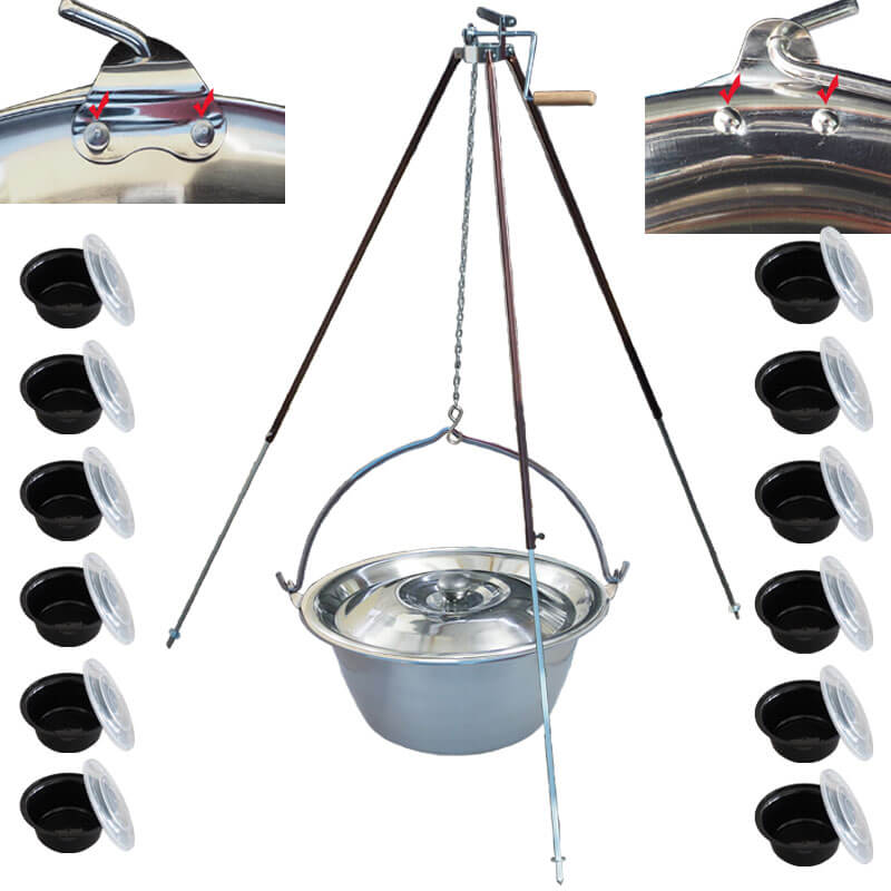 Nerezový kotlík 30 L (0,8 mm) s nýty + teleskopická trojnožka s pojistnou kladkou + misky 12 ks
