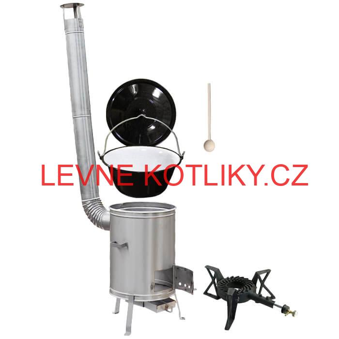 Smaltovaný kotlík 20 L (1,2 mm) + nerezová kotlina 42 cm + litinový hořák 7 kW, vařečka LUX