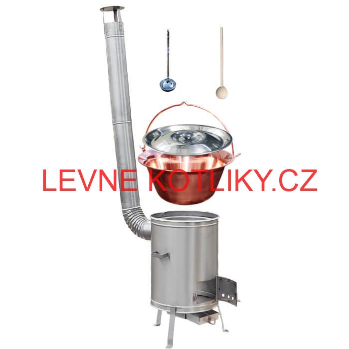 Měděný kotlík 10 L (1,2 mm) + nerezová kotlina 36 cm + vařečka a naběračka LUX