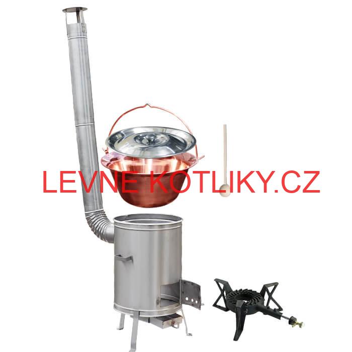Měděný kotlík 14 L (1,2 mm) + nerezová kotlina 36 cm + litinový hořák 7 kW, vařečka LUX