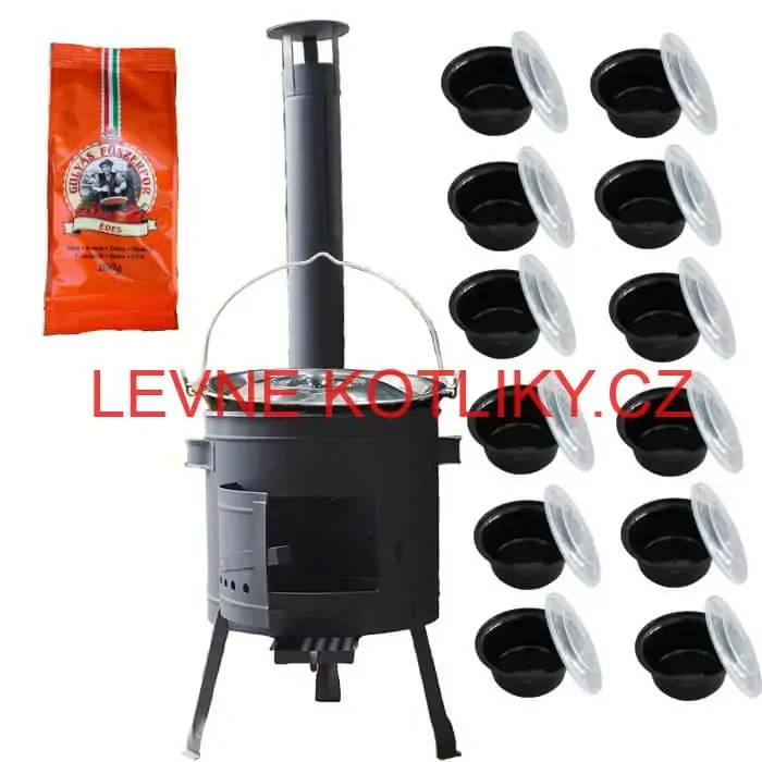 Smaltovaný kotlík 25 L (1,2 mm) + silnostěnná (1,5 mm) žáruvzdorná kotlina BALKY STRONG 42 PLUS 600 + misky 12 ks + paprikové koření na guláš 100 g