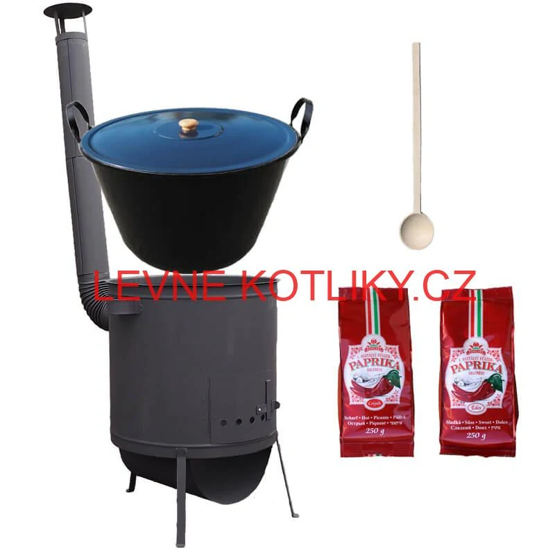 Smaltovaný kotel 70 L na zabijačku + žáruvzdorná kotlina 53 PLUS 600 4 MM + sladká a pálivá paprika (2 x 250 g) + vařečka