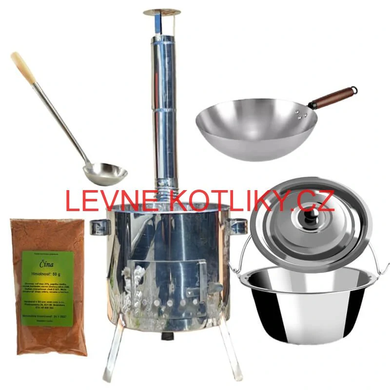 Nerezový kotlík 10 L (0,8 mm) + nerezová kotlina 31 INOX LUSTRO + Wok + koření 50 g