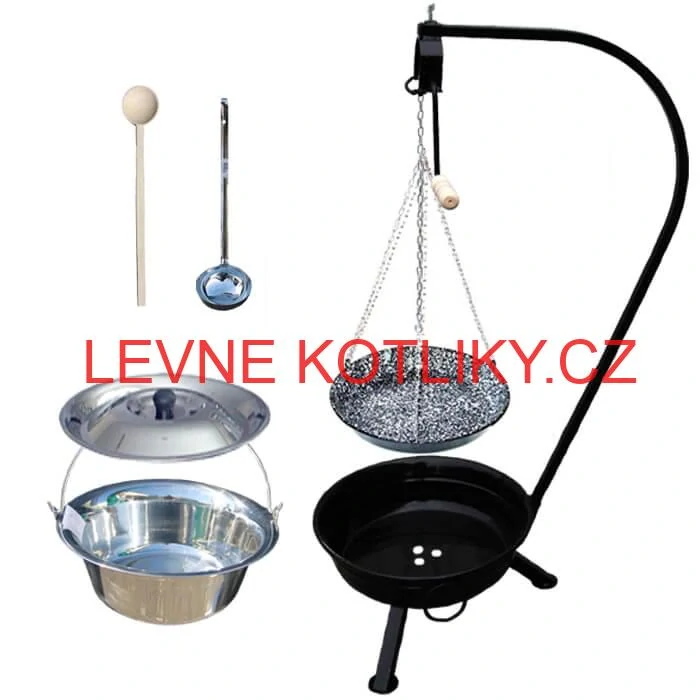 Nerezový kotlík 10 L (0,8 mm) INOX + smaltovaná pánev + ohniště se stojanem as pojistnou kladkou VAR