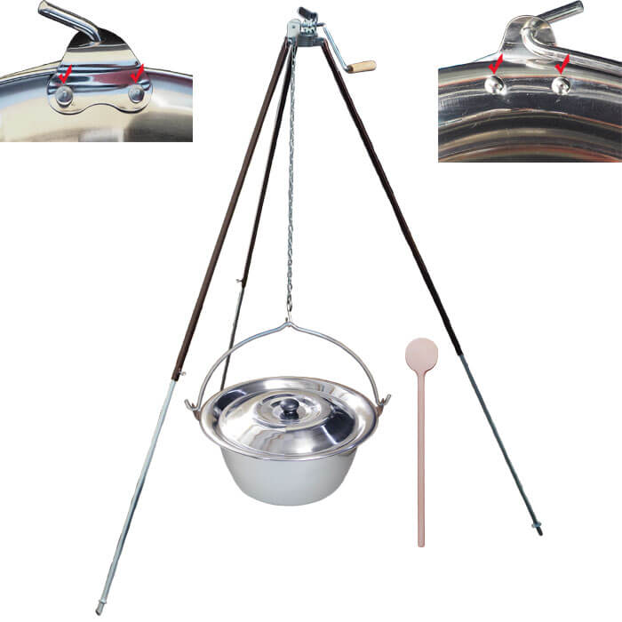 Nerezový kotlík 15 L (0,8 mm) s nýty + teleskopická trojnožka s pojistnou kladkou + poklice