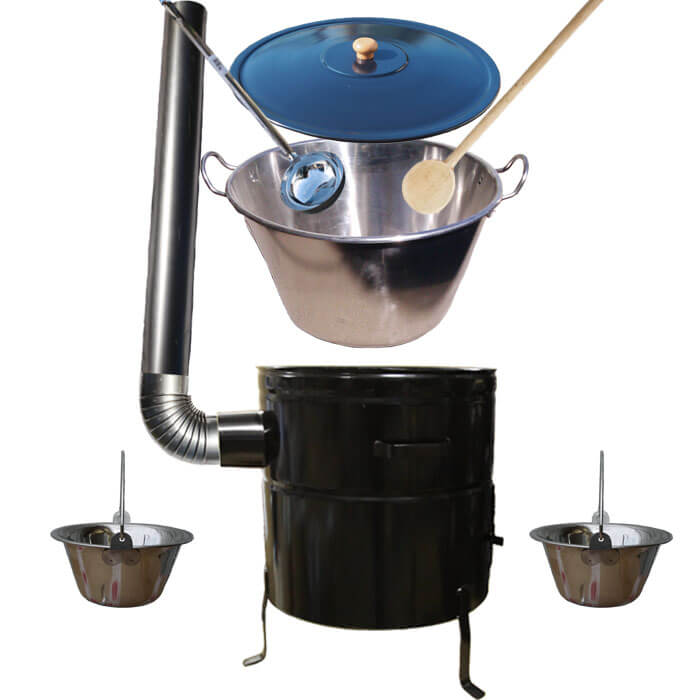 Zabijačkový nerezový kotel 100 L, kovová kotlina 60 cm, smaltovaná poklice + 2 servírovací nerezové kotlíky zdarma