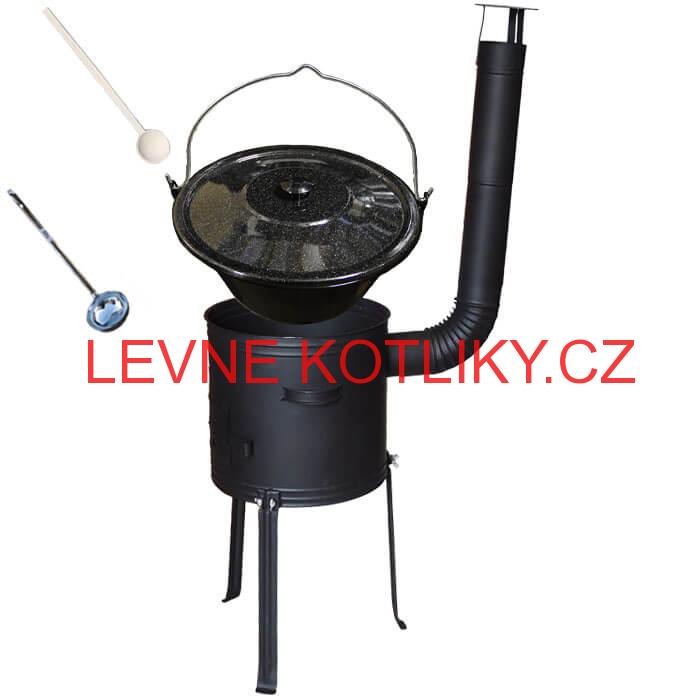 Smaltovaný kotlík 25 L (1,2 mm) + kovová kotlina s vysokými nožičkami 42 cm + vařečka a naběračka