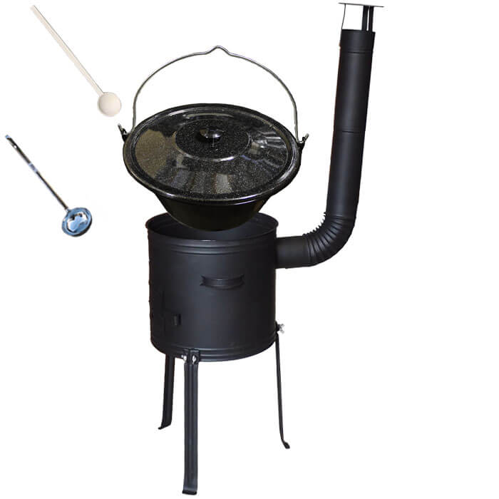 Smaltovaný kotlík 30 L (1,2 mm) + kovová kotlina s vysokými nožičkami 42 cm + vařečka a naběračka