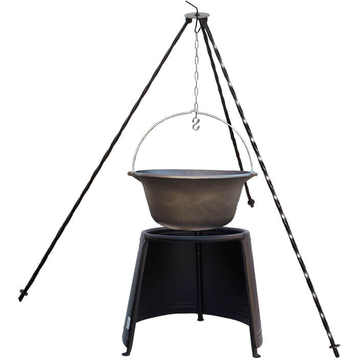 Litinový kotlík 7,2 L + chránič plamene 32 cm + trojnožka 1,2 m